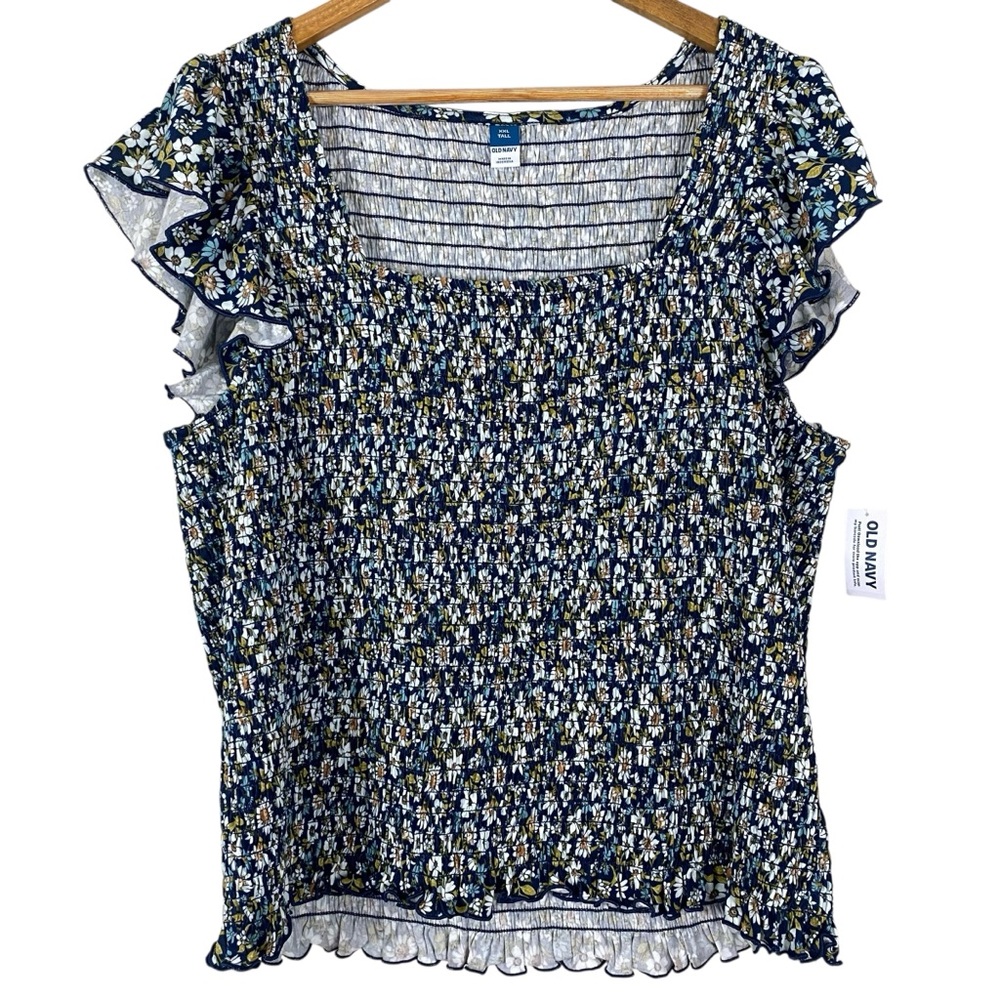 Old Navy Womens Top Size XXL Tall Peasant Ruffle Sleeve Square Neck Smocked